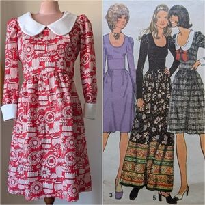 Handmade 70s Style Long Sleeve Dress Peter Pan Collar Mod Twee 100% Cotton
